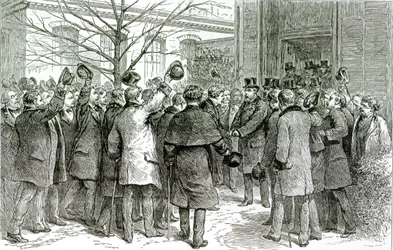 Sr. Robert Koch (1843-1910) lähti kuninkaallisesta sairaalasta, jossa englantilaista potilasta hoidetaan, The Graphicista, 6. joulukuuta 1890