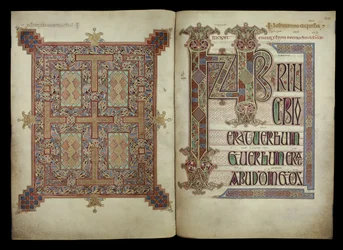 Johanneksen evankeliumi; mattosivu ja incipit-sivu, Cotton Nero D. IV, f.210v ja f.211r, Lindisfarnen evankeliumit, 710-721 (pergamentti).