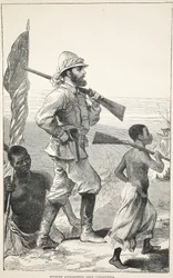 Stanley lähestyy Tanganyika-järveä, kuvitus J. Ewing Richien David Livingstonen elämän ja löytöjen kuvapainoksesta, pub. kirjoittanut A. Fullarton & Co., 1876