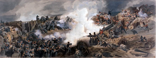 Storming of the Great Redan, Sebastopol, 1855, upseerien portfoliosta häikäiseviä muistoja sodasta piirustuksista, valokuvista ja muistiinpanoista, otettu paikan päällä, tehty kokonaisiksi kuviksi