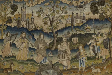 Kantotyö, jossa on viiden muusikon kohtaus puutarhassa puun kanssa, 1600-luvun puoliväli (kangas)
