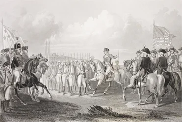 Lord Cornwallisin antautuminen Yorktownissa, Virginiassa, 19. lokakuuta 1781, Galleria of Historical Portraits -julkaisusta, julkaistu n. 1880