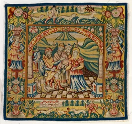 Tapestry tyynynpäällinen, joka kuvaa Susannah ennen tuomaria (yksi kuudesta Sheldon Tapestries -sarjasta, koostuen 47,9-47,14), valmistettu Sheldonissa, Englannissa, jos se on aito
