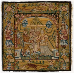 Tapettityynynpäällinen, joka kuvaa Susannah ennen tuomaria, valmistettu Sheldonissa, Englannissa, vuoden 1600 jälkeen (villa)