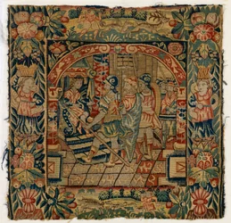 Tapettityynynpäällinen, joka kuvaa The Elders ennen Danielia, valmistettu Sheldonissa, Englannissa, vuoden 1600 jälkeen (villa)