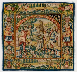 Tapestry tyynynpäällinen, joka kuvaa vanhinten kivitystä (yksi kuudesta Sheldon Tapestries -sarjasta, 47,9-47,14), valmistettu Sheldonissa Englannissa, jos se on aito