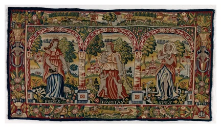 Pitkä kuvakudostyyny, joka kuvaa uskoa, toivoa ja rakkautta, valmistettu Sheldonissa, Englannissa, 1500-luvun lopulla (villa)