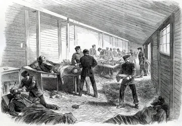 Väliaikainen kenttäsairaala toisen Preussin rinnakkaisen takana Dueppelissä, 1864