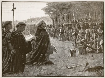 Englannin armeijan kiitospäivä Agincourtin taistelun jälkeen, 25. lokakuuta 1415, kuva Cassells Illustrated History of Englandista (seepiakuva)