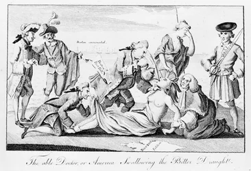 The Able Doctor eli America Swallowing the Bitter Draht, julkaistu London Magazinessa, 1. toukokuuta 1774 (sanomalehtipaperi)