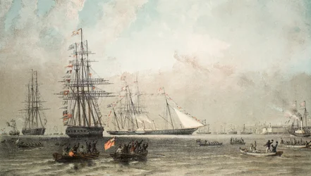 Kuninkaallisen huvijahdin saapuminen Gravesendin edustalle, 7. maaliskuuta 1863, Edward VII:n ja tanskalaisen Alexandran avioliiton muistomerkistä, pub. 1864