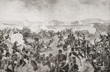 Ulundin taistelu vuonna 1879, jossa näkyy zulujen viimeinen ryntäys ja kaukainen brittiläinen aukio Etelä-Afrikasta ja Transvaalin sodasta: Voi. 1