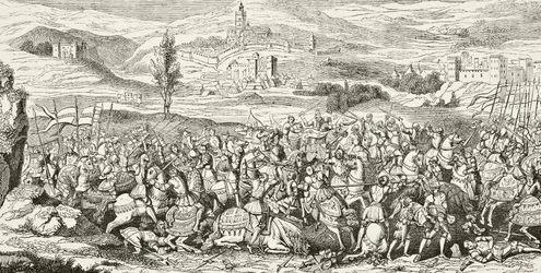 The Battle of the Spurs, 16. elokuuta 1513, William Hickman Smith Aubreyn (1858-1916) julkaisusta The National and Domestic History of England, julkaistu Lontoossa, noin 1890