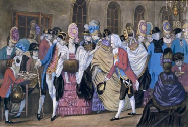 The Bread and Butter Manufactory tai The Humors of Bagnigge Wells, pubi. Carington Bowles, 1772 99: Makaroni tyyli; perinteinen puku; perinteinen asu; muoti; kattila; kupit;