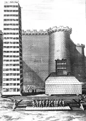The Brick Tower and Musculus at the Siege of Marseilles, kaiverrus Cornelis Huyberts, kuvitus Caesars Commentariesista, William Duncanin englanniksi kääntämä, julkaistu 1753