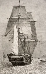 The Brig HMS Beagle, Charles Darwinin (1809-92) "Journal of Researches" -julkaisusta, julkaisija Nelson and Sons, 1890