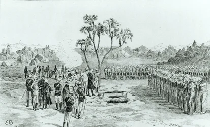 Kenraali Earlen ja eversti Eyre ja Coveneyn hautaus Kirbekanissa, kenraali William Francis Butlerin The Campaign of the Cataracts, julkaistu 1887