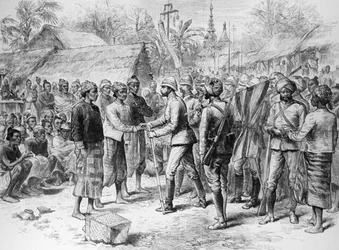 Burman retkikunta: Kenraali Prendergastin haastattelu Burman armeijan upseerien ja jäänteen kanssa, "The Illustrated London News", 3. kesäkuuta 1886 (kaiverrus)