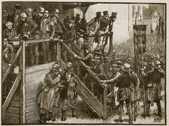 Clare Contest: Isä Murphy johdattelee vuokralaisiaan äänestykseen, kuvitus Cassells Illustrated History of Englandista (seepiakuva)
