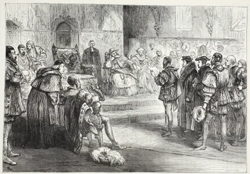 Saksin vaaliruhtinas lukee protestia Spiresin valtiopäivillä, esimerkki James Aitken Wylien (1808-1890) teoksesta The History of Protestantism, pub. 1878