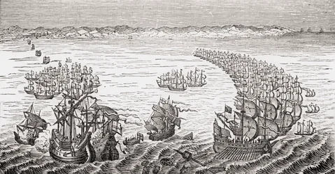 Sir Francis Draken komentama englantilainen laivasto hyökkäsi Espanjan Armadaan vuonna 1588, Lord Broughamin ja muiden "Old England