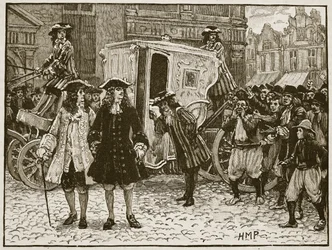 Englantilainen täysivaltainen loukattu Utrechtin kaduilla, 1712, kuva Cassells Illustrated History of Englandista (seepiakuva)