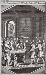 Wm Halen tutkiminen piispa Bonnerin edessä, kuvitus teoksesta Foxes Martyrs n. 1703