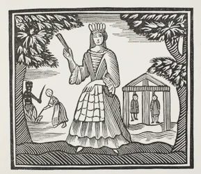 Newgatessa syntyneen Moll Flandersin onni ja epäonni, kuvitus John Ashtonin kirjasta Chap-books of the Eighteenth Century, pub. 1882