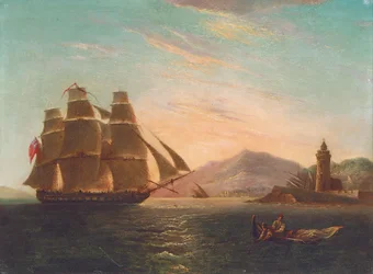 Fregatti HMS Pearl, 32 tykkiä, saapumassa Faroon, Messinaan