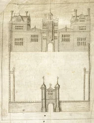 The Front of Wilton House, yksityiskohta Survey of Lands for the 1st Earl of Pembroke, 1566 (kynä ja muste vellum)