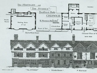 The Hostelry and The Stores, Bedford Park, Chiswick, The Building News, 1877