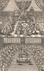 Kuningas Kaarle I:n johtama Lordihuone ja alahuone, n. 1640 (värillinen puupiirros)