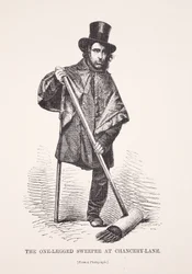 Yksijalkainen lakaisukone Chancery Lanella, valokuvasta, kuvitus London Laborista ja London Poorista Henry Mayhew, pubi. 1862