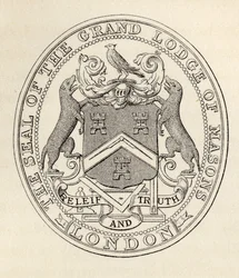 Vapaamuurarien suurloosin sinetti, Lontoo, ennen vuotta 1813, teoksesta "The History of Freemasonry, osa II", julkaisija Thomas C. Jack, Lontoo, 1883