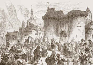 Huijatut pyhiinvaeltajat Geneven portilla, kuvitus James Aitken Wylien (1808-1890) teoksesta The History of Protestantism, pub. 1878