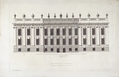 "Chatsworthin etelärintama", kuvitus Colen Campbellin teoksesta "Vitruvius Britannicus or The British Architect" (kaiverrus)