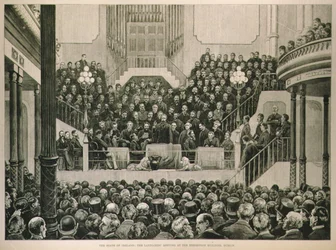Irlannin osavaltio: Vuokranantajat kokoontuvat näyttelyrakennuksessa Dublinissa, The Illustrated London News, 14. tammikuuta 1882