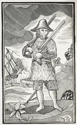 Robinson Crusoen yllättävä elämä ja omituisimmat seikkailut Yorkin kaupungista, Mariner, kuvitus John Ashtonin kirjasta Chap-books of the Eightenth Century, pubi. 1882