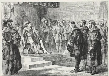 Kolme protestanttista suurlähettiläätä keisari Kaarlen edessä, kuvitus James Aitken Wylien (1808-1890) teoksesta The History of Protestantism, pub. 1878