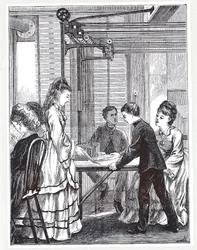 Laitteet viestien kuljettamiseen Post Office Telegraphin päämajassa, Telegraph Street, Lontoo, The Graphic, 1871