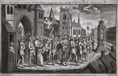 Tapa, jolla Nicholas Burton kuljetettiin Sevillan kaupungin läpi marttyyrikuolemapaikalleen, kuva Foxes Martyrsista n. 1703