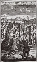 Ralph Allerton James Austoon, Margery Austoon ja Richard Rothin marttyyrikuolema Islingtonissa, kuvitus teoksesta "Foxes Martyrs", n. 1703 (litografia).