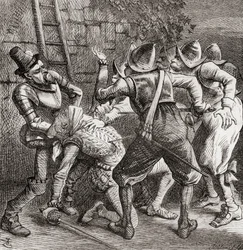 "Loput veijareista hyppäsivät hänen päälleen ja murhasivat hänet", kuvitus J. Tennielin mukaan J. Tennielin runoon "Tragedia", Thomas Ingoldsbyn teoksesta "The Ingoldsby Legends or Mirth and Marvels", julkaistu 1865 (litografia).