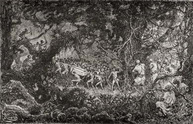 Sir Henry Morton Stanleyn Emin Pashan apuretkikunnan tiedustelijat Afrikassa vuonna 1888 löytävät pygmejä, jotka vievät ampumatarvikelaatikkoa, julkaisu 1890.