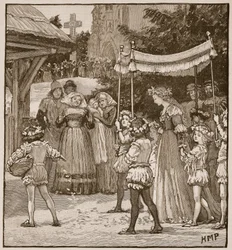 Jack of Newburyn häät: Brides-kulkue, kuvitus Cassells Illustrated History of Englandista (seepiakuva)