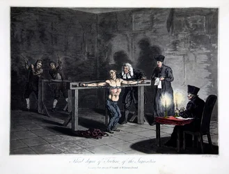 Inkvisition kidutuksen kolmas aste, kaiverrus L.C. Stadler, pubi. kirjoittanut Cadell & Davies, Lontoo, n. 1813 (värikaiverrus)