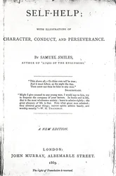 Otsikkosivu itseapua varten; Samuel Smilesin kuvituksissa luonteesta, käytöksestä ja sinnikkyydestä, julkaistu 1869, (painettu paperi)