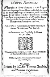 Nimisivu Giovanni Boccaccion teokseen Amorous Fiammetta, englanninkielinen käännös julkaistu vuonna 1587
