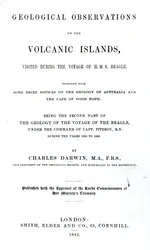 Nimisivu Charles Darwinin geologisiin havaintoihin vulkaanisilla saarilla, 1844 (painettu paperi)