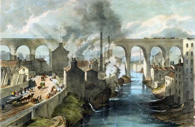 Juna ylittää Stockportin viaduktin Lontoon ja North Western Railwayn radalla, noin 1845 (värilitografia).